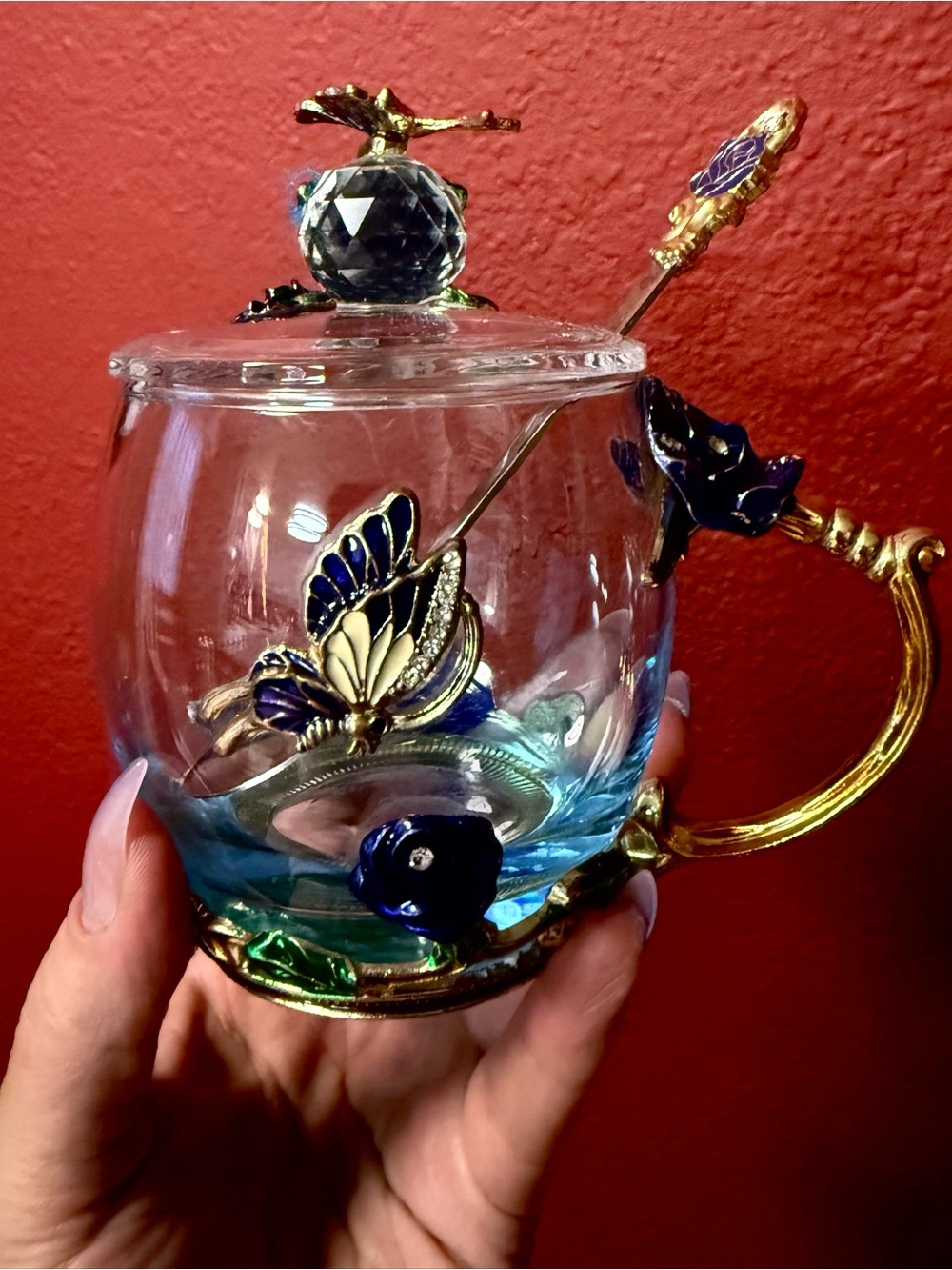 Decorative Glass Honey Jar with Blue and Gold Butterfly Accent